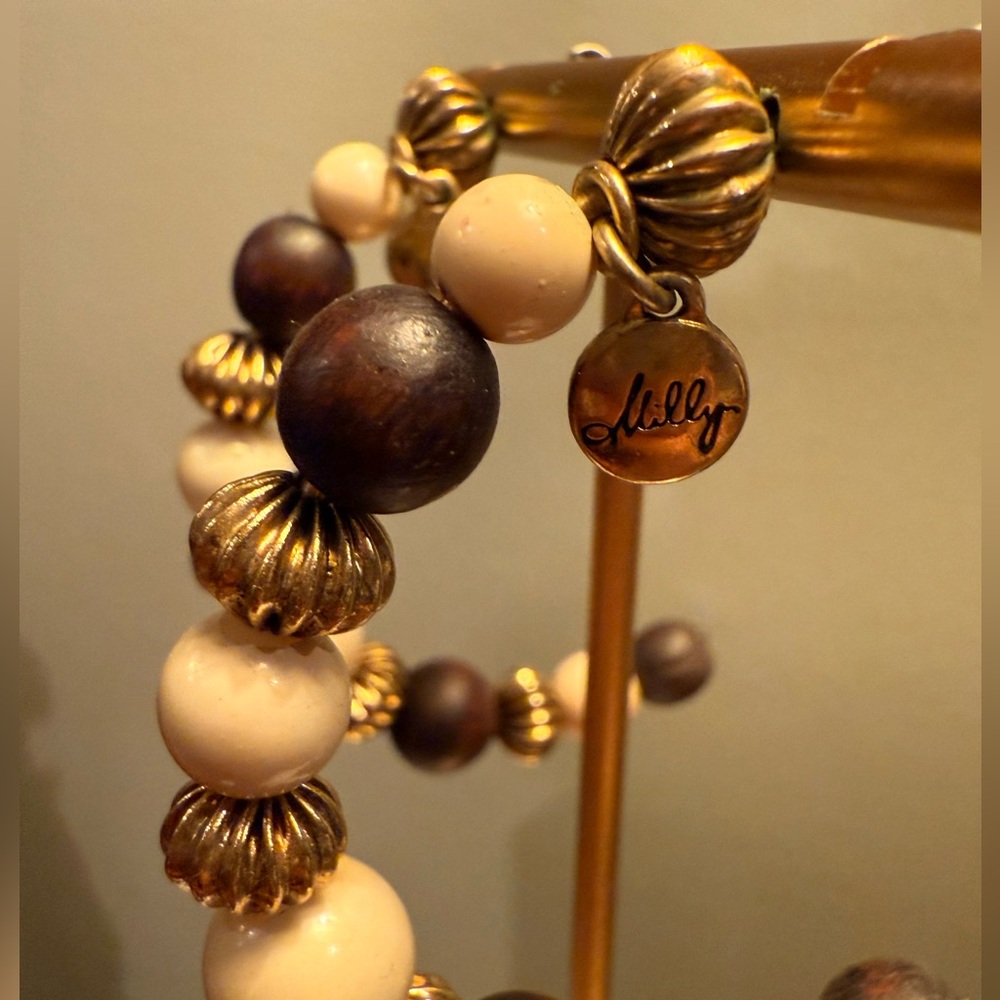 Vintage Y2K Milly Gold/Brown/Cream Dangle Earrings with Beaded Design MSRP $178 - Picture 2 of 7